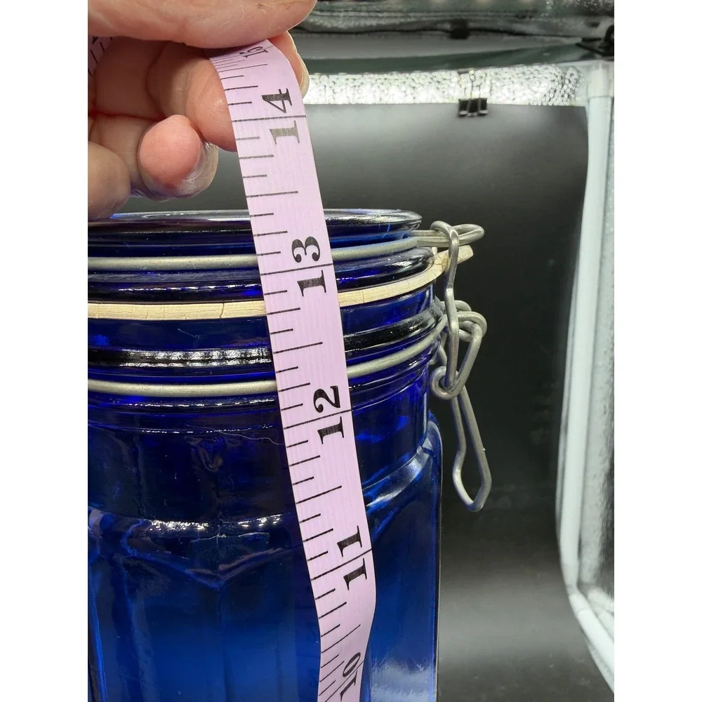Vintage Cobalt Blue Glass Canister Octagonal Faceted Jar Wire Bale Swing Top Lid